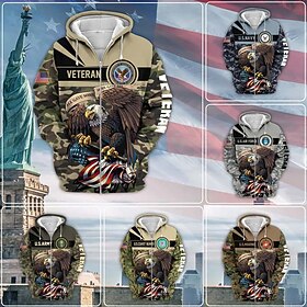 Men's Full Zip Hoodie Jacket Army Green Blue Brown Light Blue Hooded Camouflage Graphic Prints Eagle Zipper Print Sports  Outdoor Daily Sports 3D Print Streetw