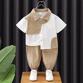 2 Peças Infantil Para Meninos Camisa  Calças Equipamento Bloco de cor Manga Curta Definir Ao ar livre Moda Legal Verão 3-7 anos Caqui Cinzento