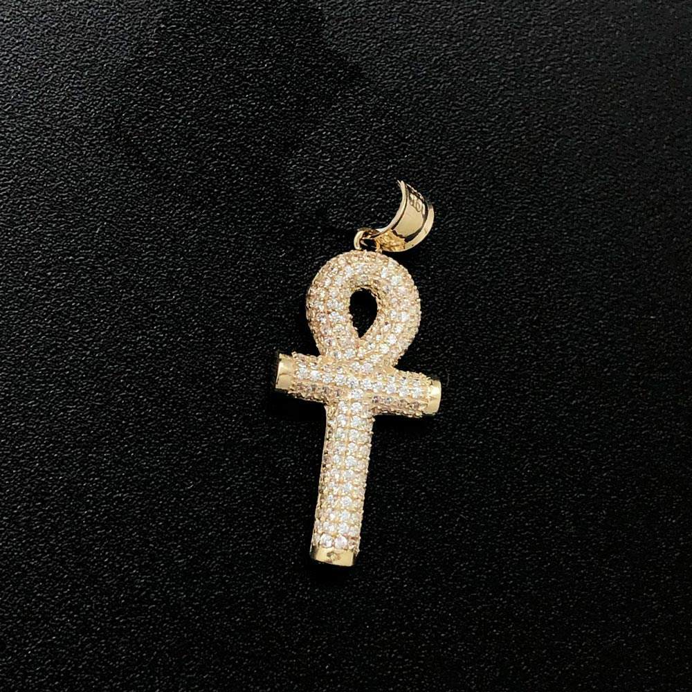 Bubble Ankh Cross CZ 10K Yellow Gold Pendant
