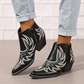 Botas femininas botas de cowgirl botas de tornozelo salto cubano bico fino vintage andando couro sintético preto vinho marrom