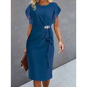 Women's Elegant Party Dress Cocktail Dress Wedding Guest Midi Chiffon Dress Wine Blue Green Short Sleeve Solid Color Ruffle Crew Neck Evening Summer Spring Fal