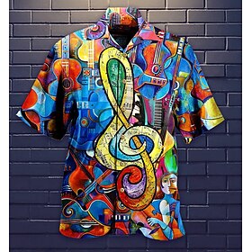 Men's Shirt Summer Hawaiian Shirt Graphic Prints Notes Cuban Collar Black Yellow Black - Red Wine Red Casual Hawaiian Short Sleeve Print Button-Down Clothing A