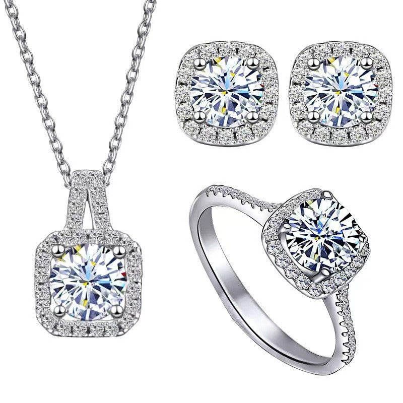 Europe and the United States cross-border hot fashion high-class sense of full of diamond ring earrings necklace jewellery set three-piece set
