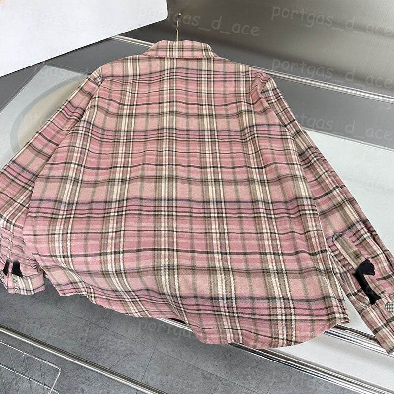 Retro Plaid Women Blouse Shirts Long Sleeve Pink Blouses Elegant Lapel Tops Button Down Designer Shirt Top