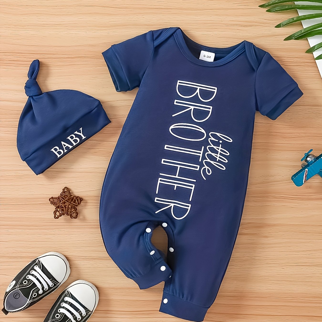 TEMU 2pcs Baby Boy Letter Little Print Take Shoulder Short Sleeve Jumpsuit + Hat Summer Suit, For Outdoor