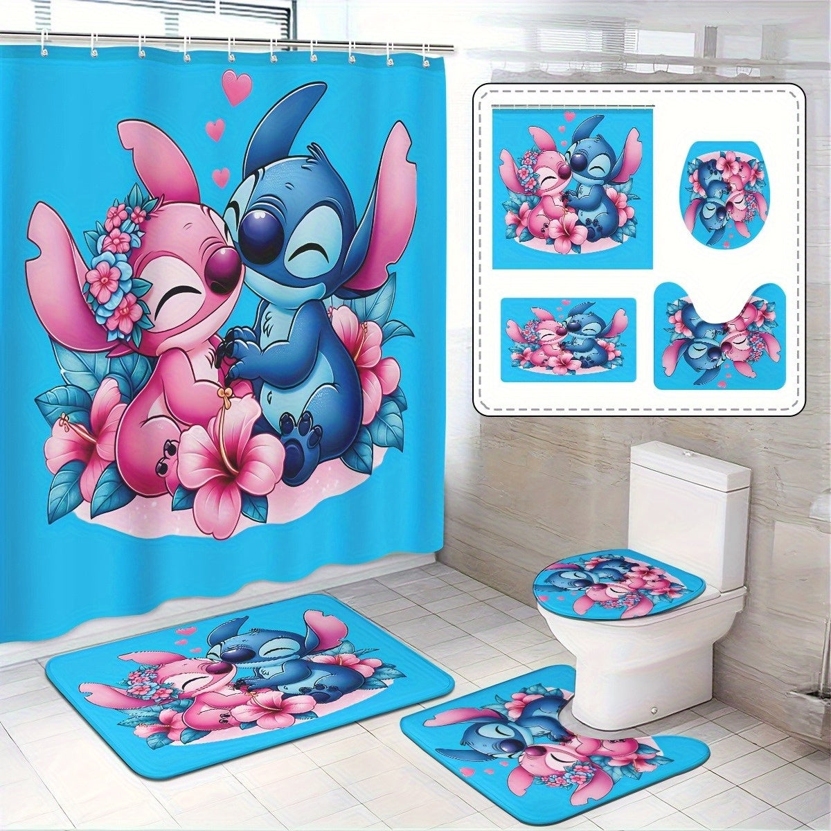 TEMU Stitch & Shower Curtain Set With 12 Hooks - Includes Non-slip Bathroom Mat, U-shaped Toilet Mat, And Toilet Lid Cover - Machine Washable
