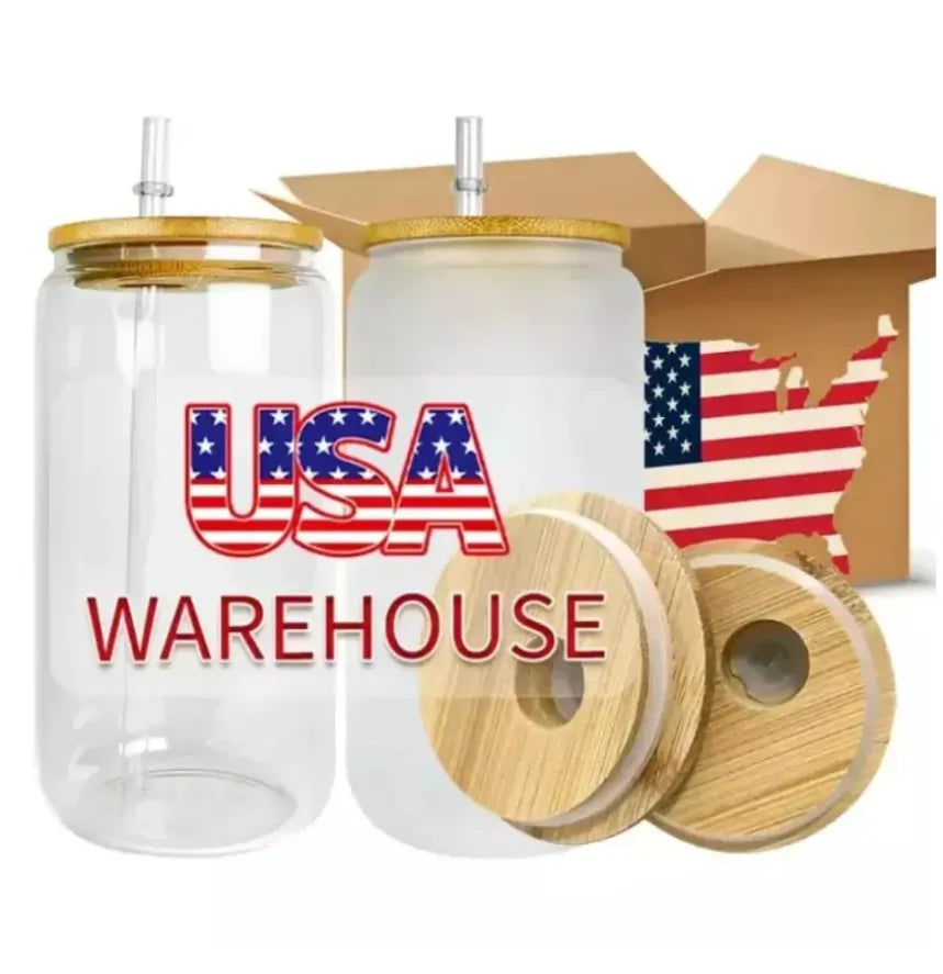 CA US Warehouse!!! 3 days delivery !16oz Sublimation Glass Mugs Cup Blanks With Bamboo Lid Frosted Beer Can Glasses Tumbler Mason Jar Plastic Straw