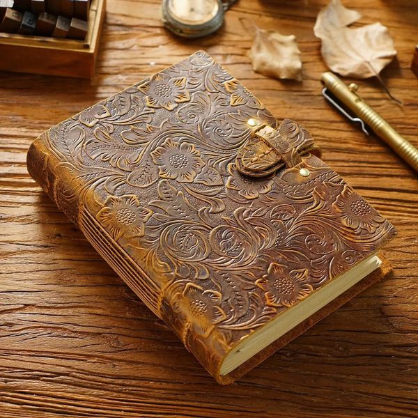 Genuine Leather Journal Lock n Blank Kraft Paper 400 Pages DIY Diary Travel Notebook Handmade Sketchbook Retro Thick Book 241115