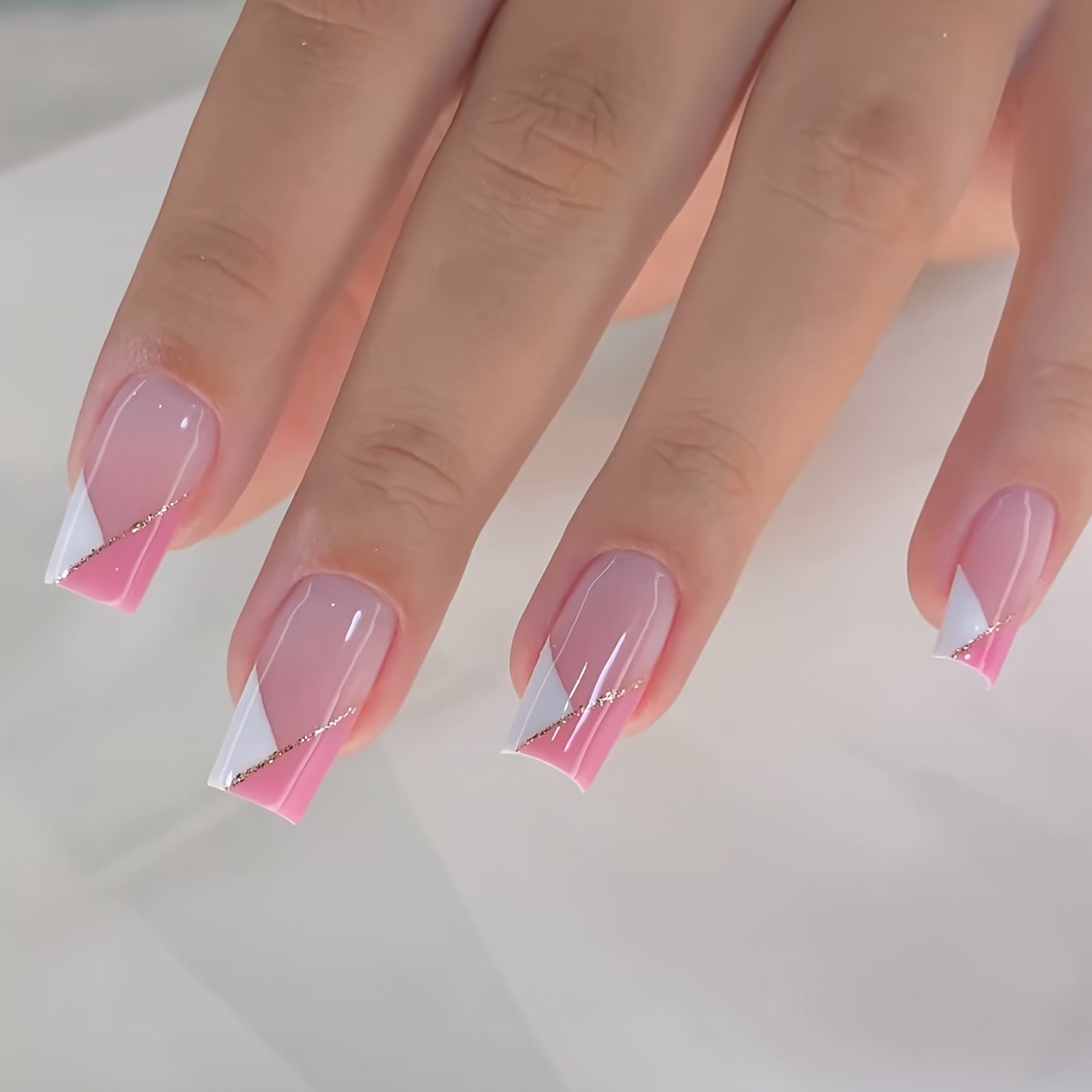 TEMU Mysevenday 24pcs Colorblock French Tip Press-on Nails - Mixed , Square Shape, Medium Length, Glossy Finish With Nail Glue And File, Removable &