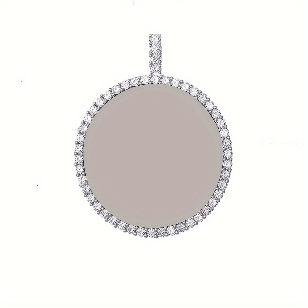 TEMU Customizable Extra Large Circular Photo Frame Pendant Necklace - Vintage Bohemian Style With Sparkling Stones, Personalized For Women, & Parties