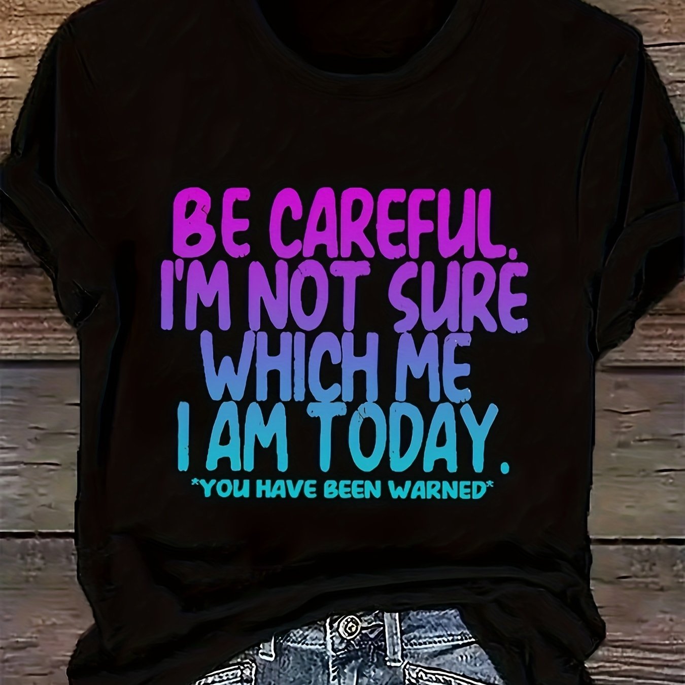 TEMU Women's Plus Size Humorous "be Careful I'm Which I " Graphic T-shirt - Colorful Letter Print, Loose Neck Short Sleeve Summer Tee, Machine
