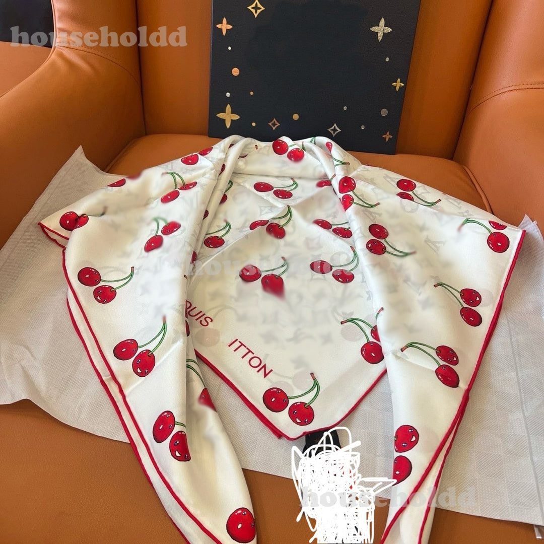 Luxury Square Satin Silk Scarf Women&#039;s Designer Cute Fruit Cherry Pattern Shawls and Wraps Fashion Small Bag Scarves Hair Tie Bandanas 90*90cm