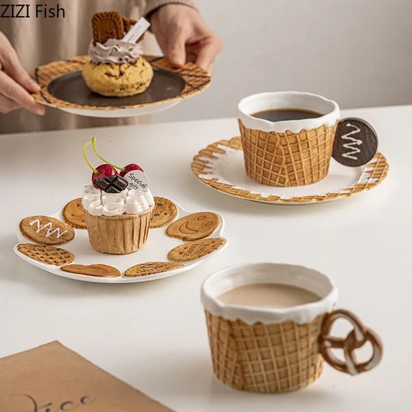 Creative Cookie Water Cup Cute Ceramic Mug Office Afternoon Tea Coffee Cup Home Breakfast Milk Cup Dessert Plate Drink Set 241216