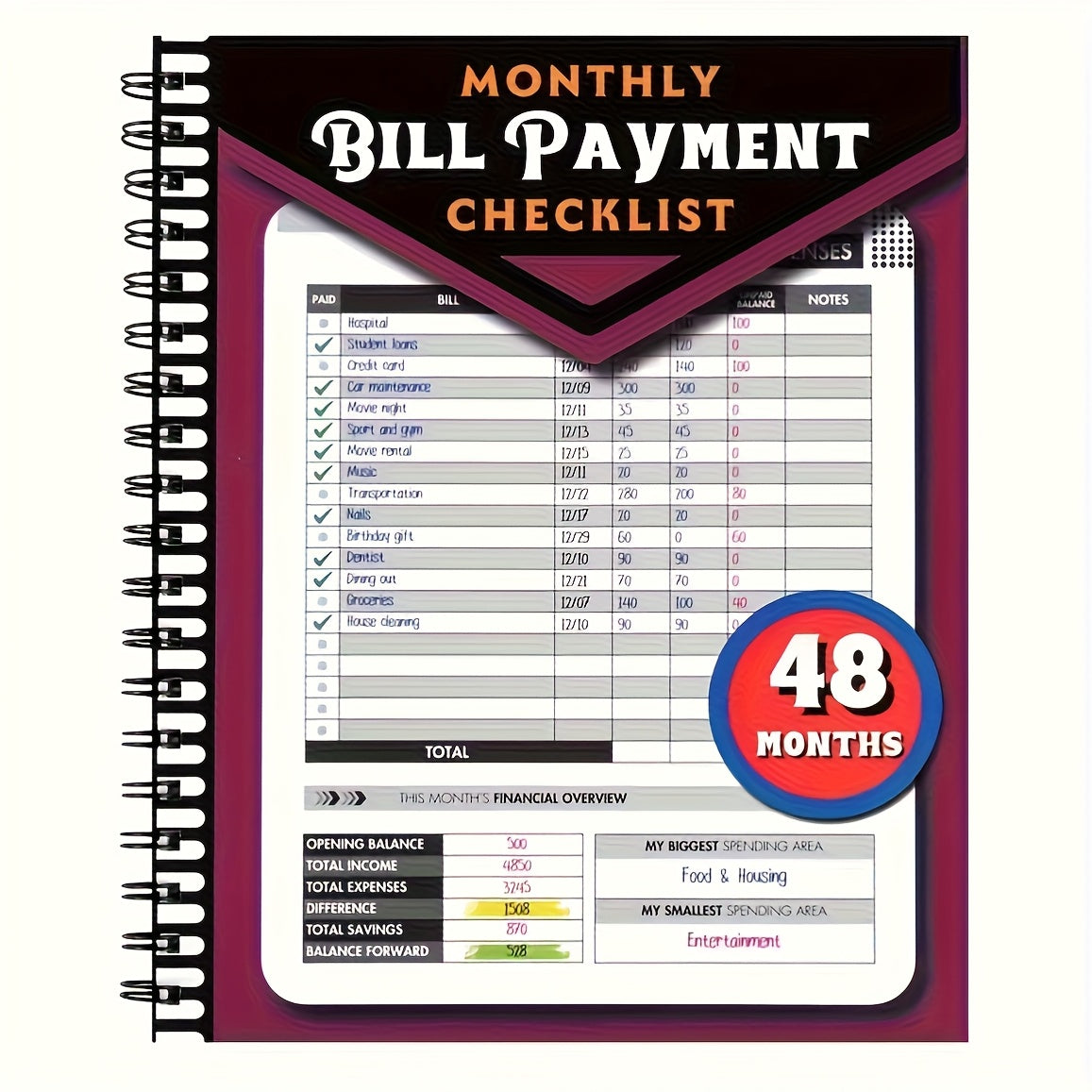 TEMU 48-month Financial Bill Payment Notebook: Monthly Household Expenditure Tracking Device And Financial Plan Organizer, Management 4-year Guide,