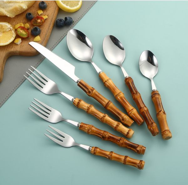 Pure Dinnerware Sets Nature Bamboo Handle Cutlery Dishwasher Safe Stainless Steel Set Household Kitchen Utensil Flatware Drop Dhgny