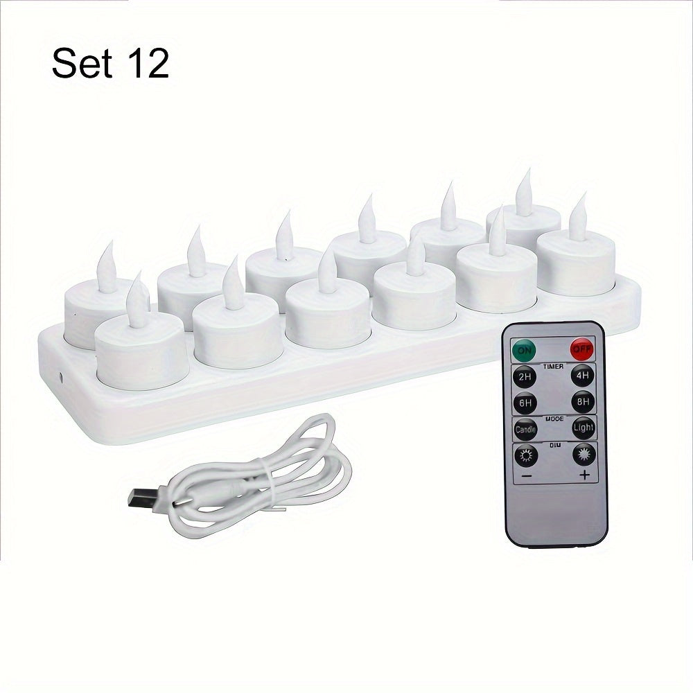 TEMU Set 12 Rechargeable Led Flameless Candles Tea Lights With Remote Control, Flickering Warm White Light Timer Dimmable, Safety, For Bar Wedding