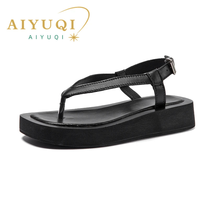 AIYUQI Flip-toe Sandals Women Genuine Leather Summer Flat Roman Sandals Women Large Size Beach Sandals Women