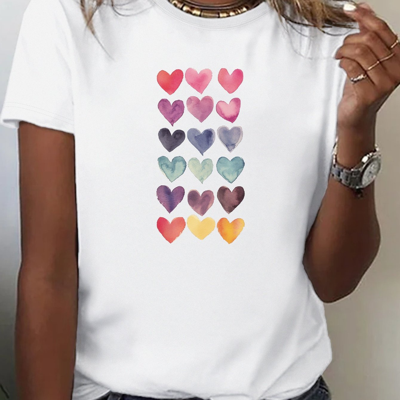 TEMU Hearts Gradient Print Crew Neck T-shirt, Casual Short Sleeve T-shirt For , Women's Clothing