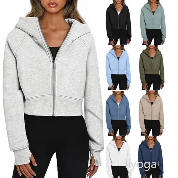 TOPS Crop Scuba Hoodie Women Fleece Thickened Yoga lululies lemonly lemenly Jacket Short Full Zipper Sport Hooded Loose Coat Cardigan Sweats