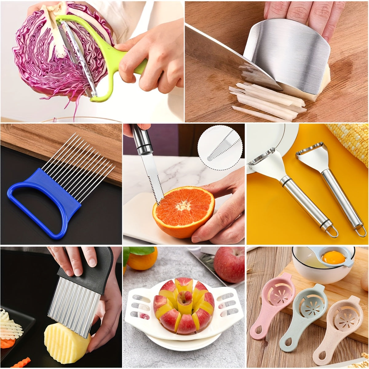 TEMU Kitchen Tools 8pcs Set Kitchen Accessories Stainless Steel Corn Peeler|onion Slicer|corrugated Potato Slicer|finger Protector, Cutting