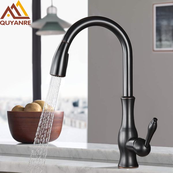 Kitchen Faucets Quyanre Black Pull Out Sink Mixer Tap Single Lever Water Crane For 360 Rotation 230510