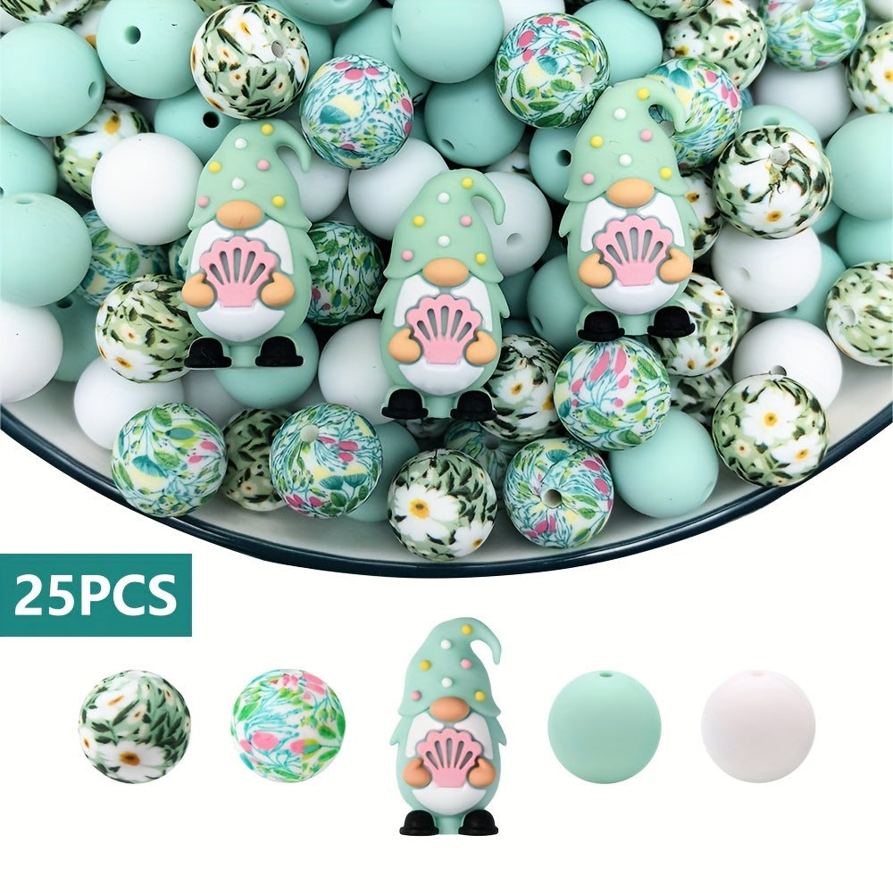 TEMU 25pcs Silicone Beads Assortment - Pastel Beach Gnome & Floral Beads For Jewelry Making, Diy Bracelets, Necklaces, Keychains - Durable Smooth