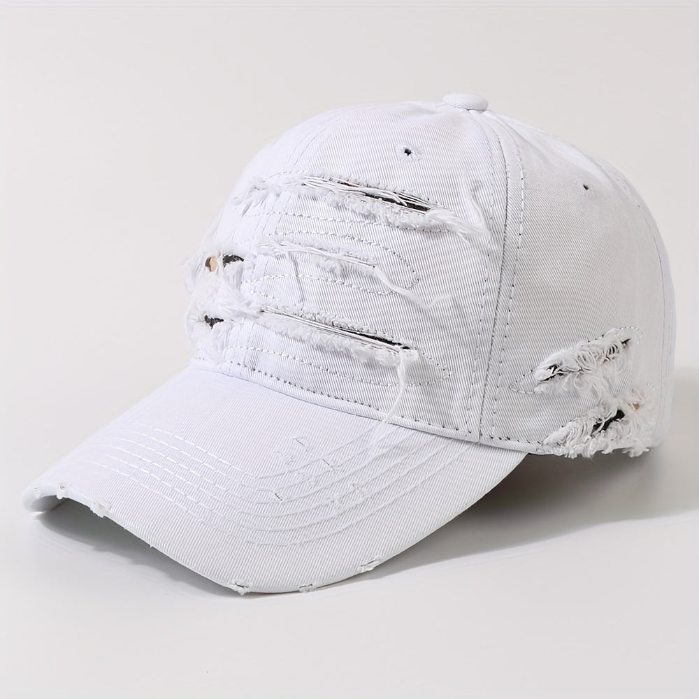 TEMU Hip Hop Fashion Distressed Baseball - Adjustable Lightweight Dad Hat For Outdoor, Street Cycling & Skateboarding, Black With White Stitching