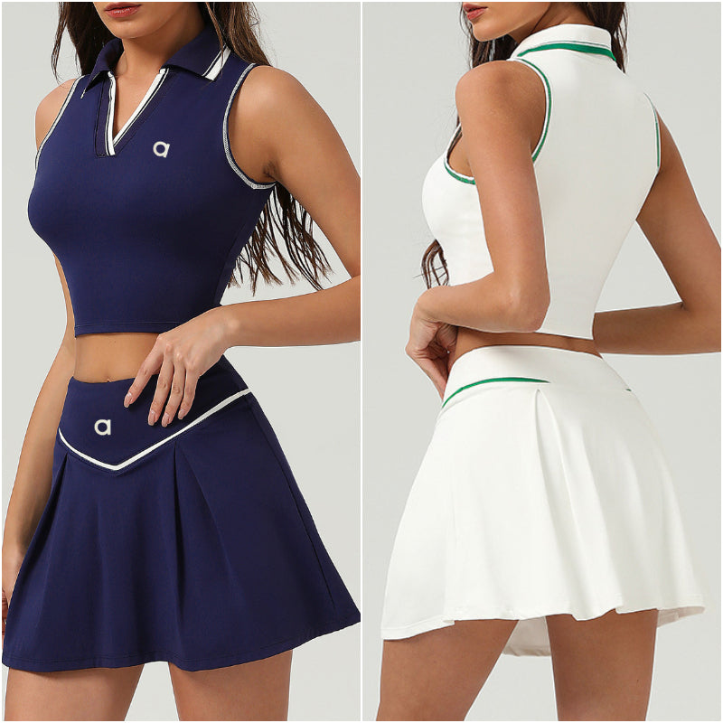 a2509 Womens Yoga Outfit Sets Two Pieces Skirts Vest Tennis Sport Gym Running Casual Shorts Elastic High Waist Sportwear Lined Turn-Down Collar