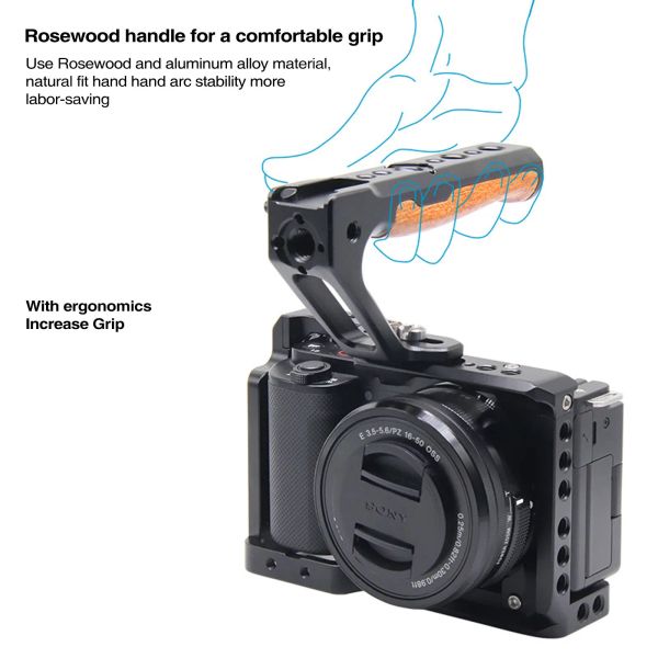 Top Handle for Cage Universal Wooden Hand Grip for Camera Rabbit Cage 1-4 Thread with Cold Shoe Mount for Video Light Microphone