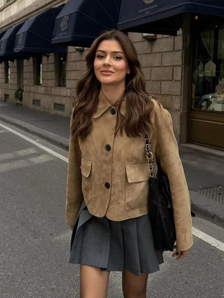 Retro suede jacket with collar and Maillard leather short jacket loose casual minimalist commuting long sleeved womens clothing 241023