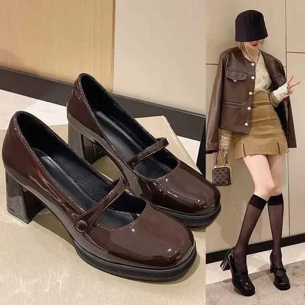 Comemore Summer New Patent Leather Brown Shoes Vintage Thick High Heels Shoes Women Woman Square Toe Chunky Heels 2024 blackC241104