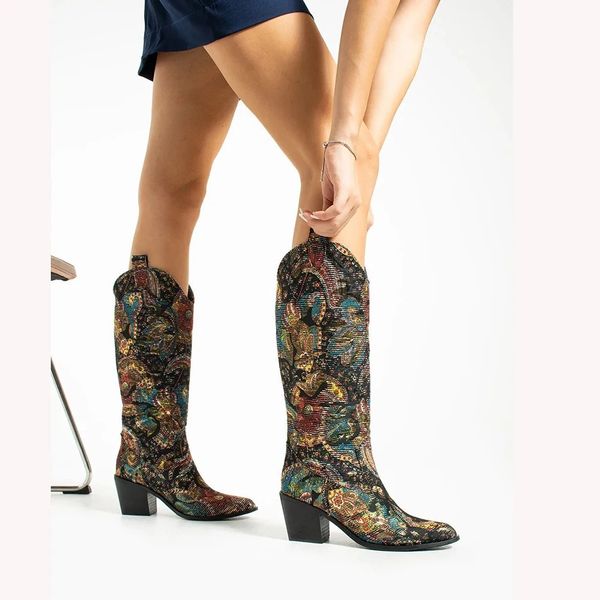 Botas de cowboy coloridas Mulher Knee High Low Loke for Women Fashion Shoes Chunky 241211
