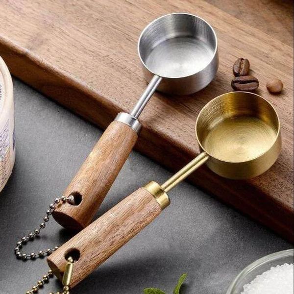 1PC 15ml Stainless Steel Measure Spoon With Wood Handle Hangable Measuring Cup Rustproof Flat Bottom Kitchen Tools 241114
