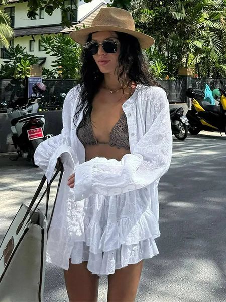 White Long Sleeved Shirt Jacket Shorts Sets Summer Female Stand Collar Single Breasted Suits Casual Vacation Casual Beachwear 240420
