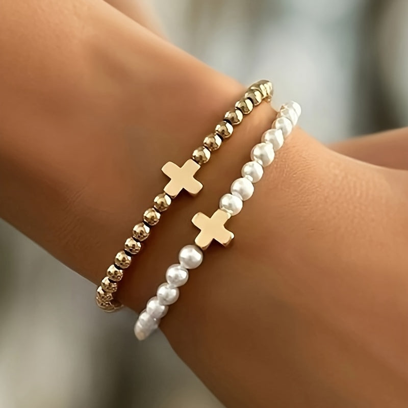 TEMU [popular ] 2pcs Set Bracelets - Elegant Golden-tone Accents, Ideal Gift For Her, Vacation-casual Attire