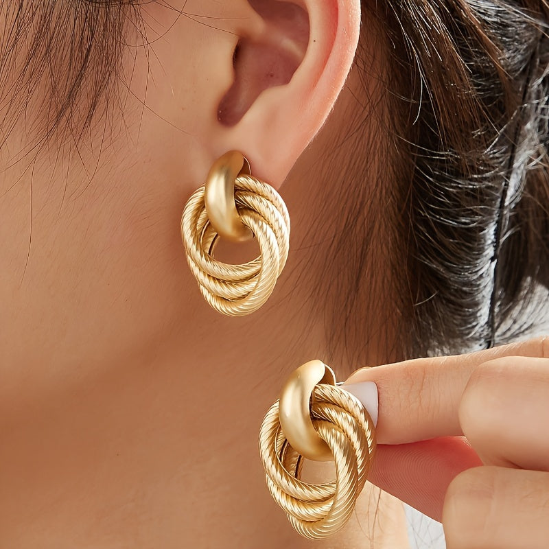 TEMU Fashionable Double-layer Spiral Intertwined With A And Elegant Style, Featuring Hollow Golden Circles, Suitable For Non-pierced Ears.