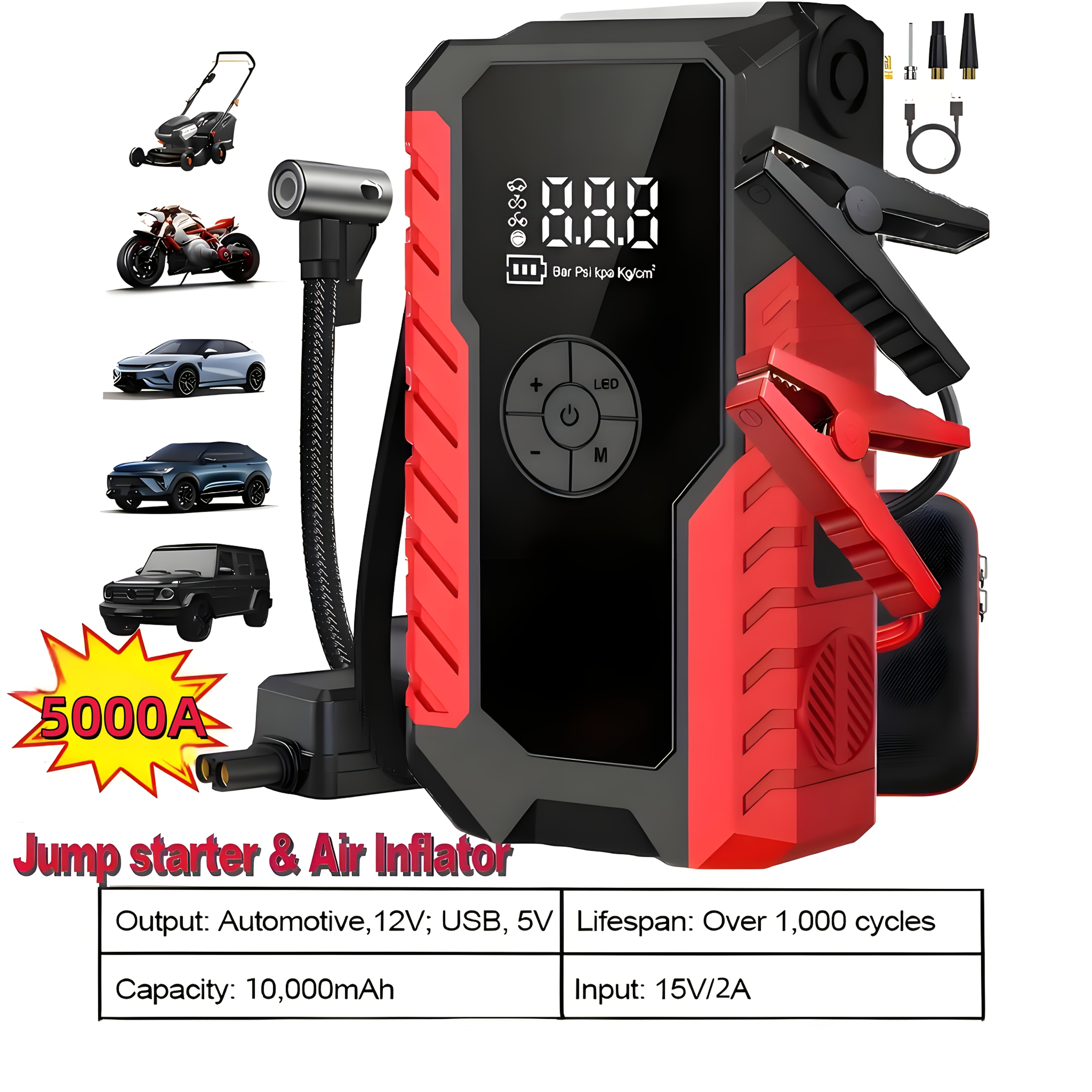 TEMU Portable Car Jump Starter- Air Compressor, Jump Starter, Air Compressor, 3 Styles, 5000a 150psi, Charger, Usb Type-c, Led Emergency Lighting, 8l