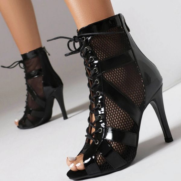 Toe Peep Mesh Ankle Boots Women&#039;s Summer Breathable Black Jazz Party Dance Shoes High Heel Sandals For Gilrs Large Size 45 210a