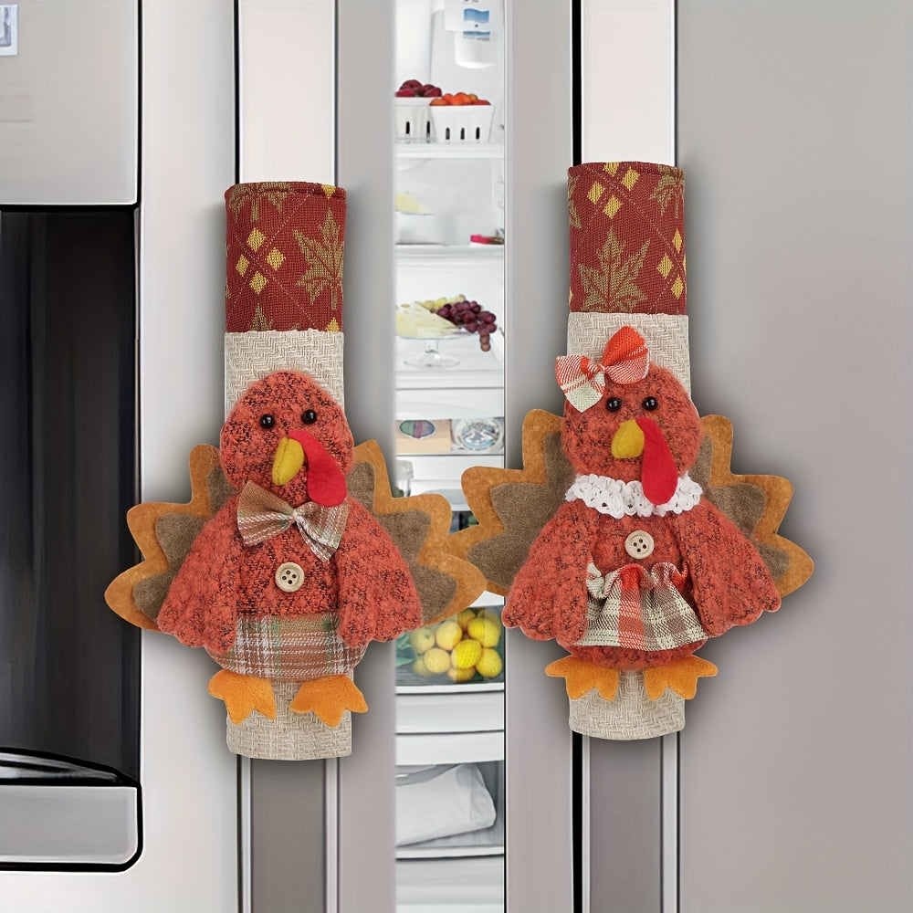 TEMU 2pcs Festive Thanksgiving Turkey Refrigerator Handle Covers - Adorable Plush With Bow & Checkered Skirt, Easy Fastening, Kitchen & Party
