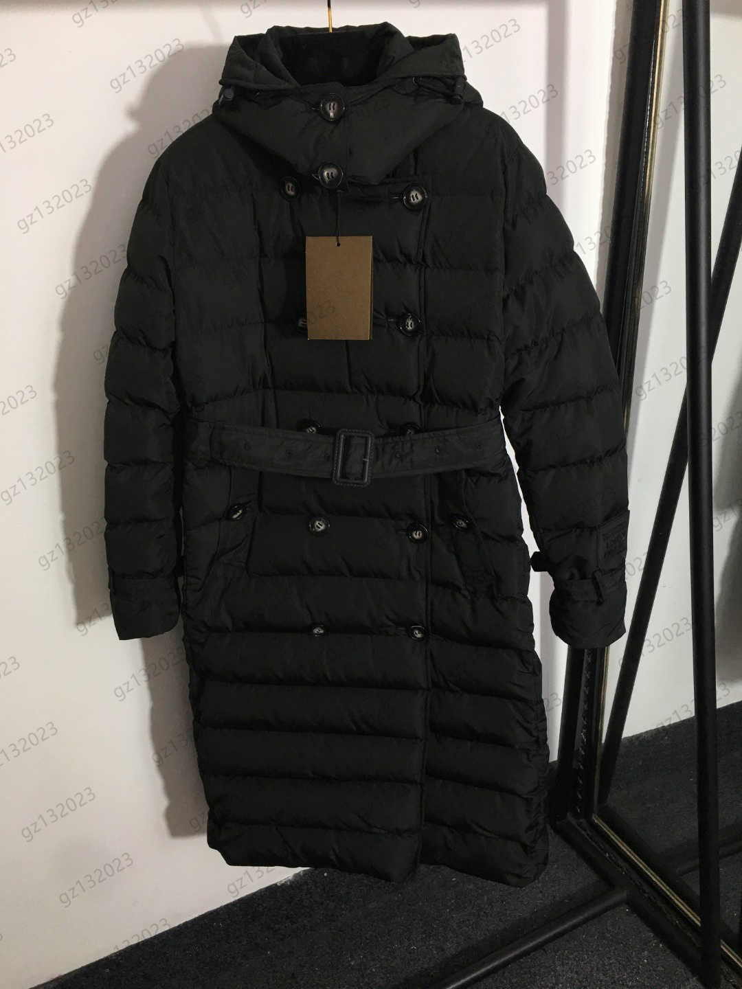 Puffer Coat Womens Down Parkas Double Row Buttons Open Belt Waist Folding Removable Hooded Winter Coats Solid Color Stand Collar Medium Long Jacket