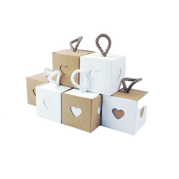 Packaging Bags 2550Pcs Kraft Paper Gift Box Square Heart Wedding Favor Candy Box With Rope Hand Packaging Bags Wedding Birthday Party Suppli