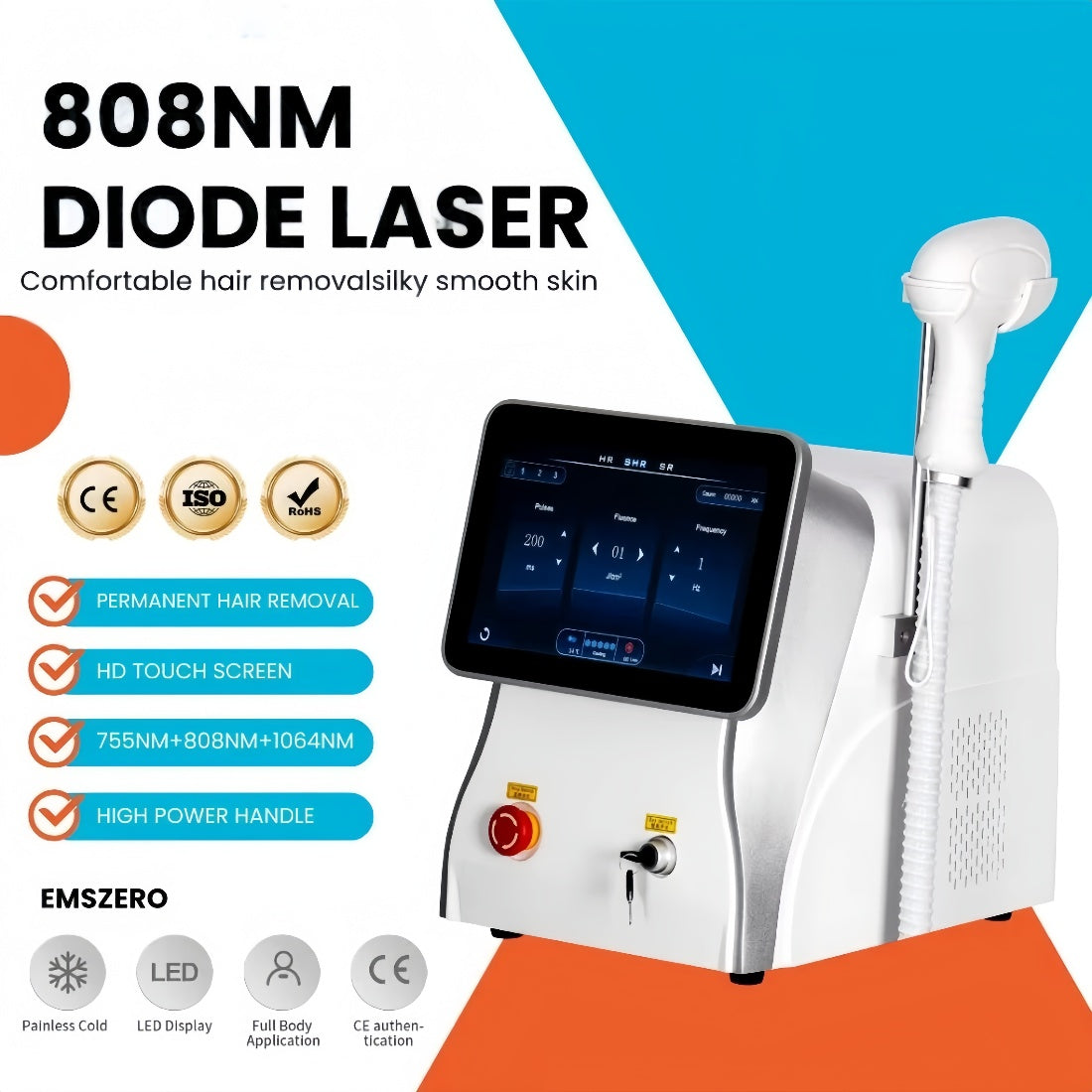 808nm Diode Laser Hair Removal Device 3 Wavelengths Freezing Point Cooling Technology Comfortable and Painless