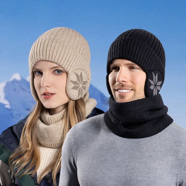 Winter Velvet Hat Collar Set Women&#039;s Warm Knitted Wool Hat Men&#039;s Outdoor Cycling Ear Protector Baotou Hat