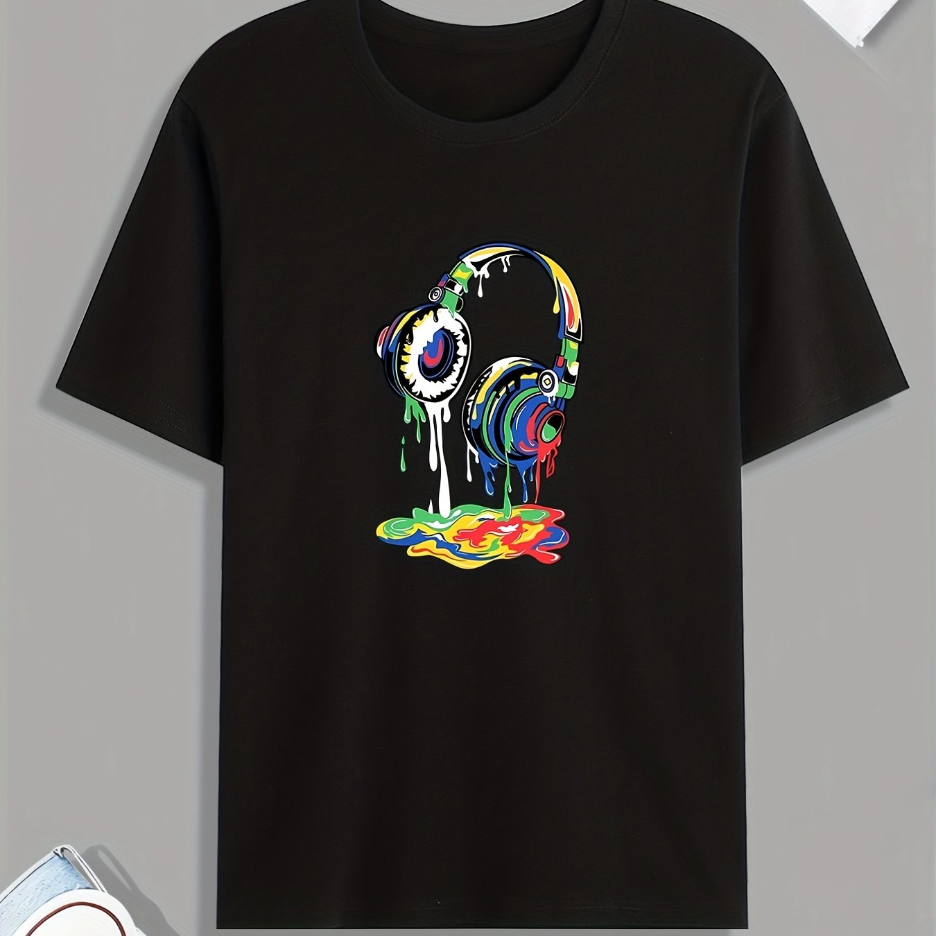 TEMU Headset Color Paint Print T Shirt, Tees For Men, Casual Short Sleeve Tshirt For Fall, Tops As Gifts