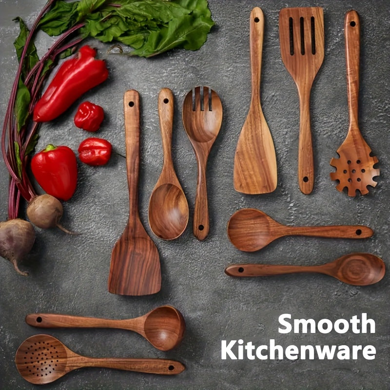 TEMU 5-10pcs Premium Wooden Kitchen Utensils - Ergonomic Handles Natural Wooden Spoons Ladle And Wok Spatulas For Heat Resistant Easy To Clean And