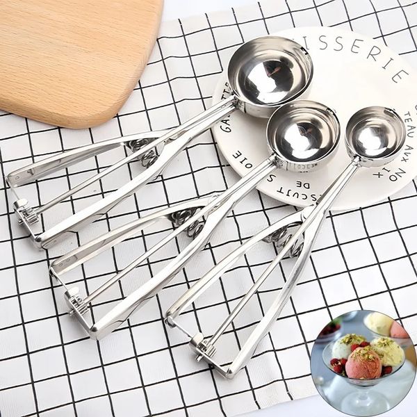 1PC Stainless Steel Ice Cream Scoop Cookie Dough Spoon Fruit Potato Digging Ball Spring Handle Ice Tray Mold Kitchen Accessories 250113