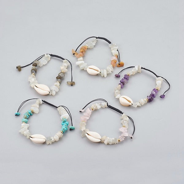 Natural-Synthetic Mixed Stone & White Moonstone Chip Braided Bead Bracelets