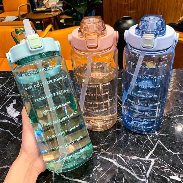 2 Liters Water Bottle with Time Marker Reusable Outdoors Sports Drinking Bottle Portable Plastic Cups with Straw High-capacityXJ240903