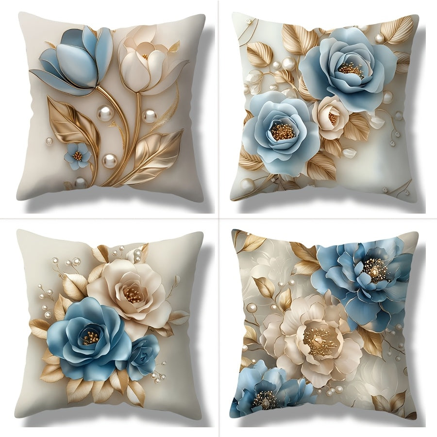 TEMU 4pcs-set 2d Flat Printing Beautiful Floral Pillowcases - 17.7" X 17.7" Contemporary Style With Zipper Closure, Single-sided Non-real 3d Prints