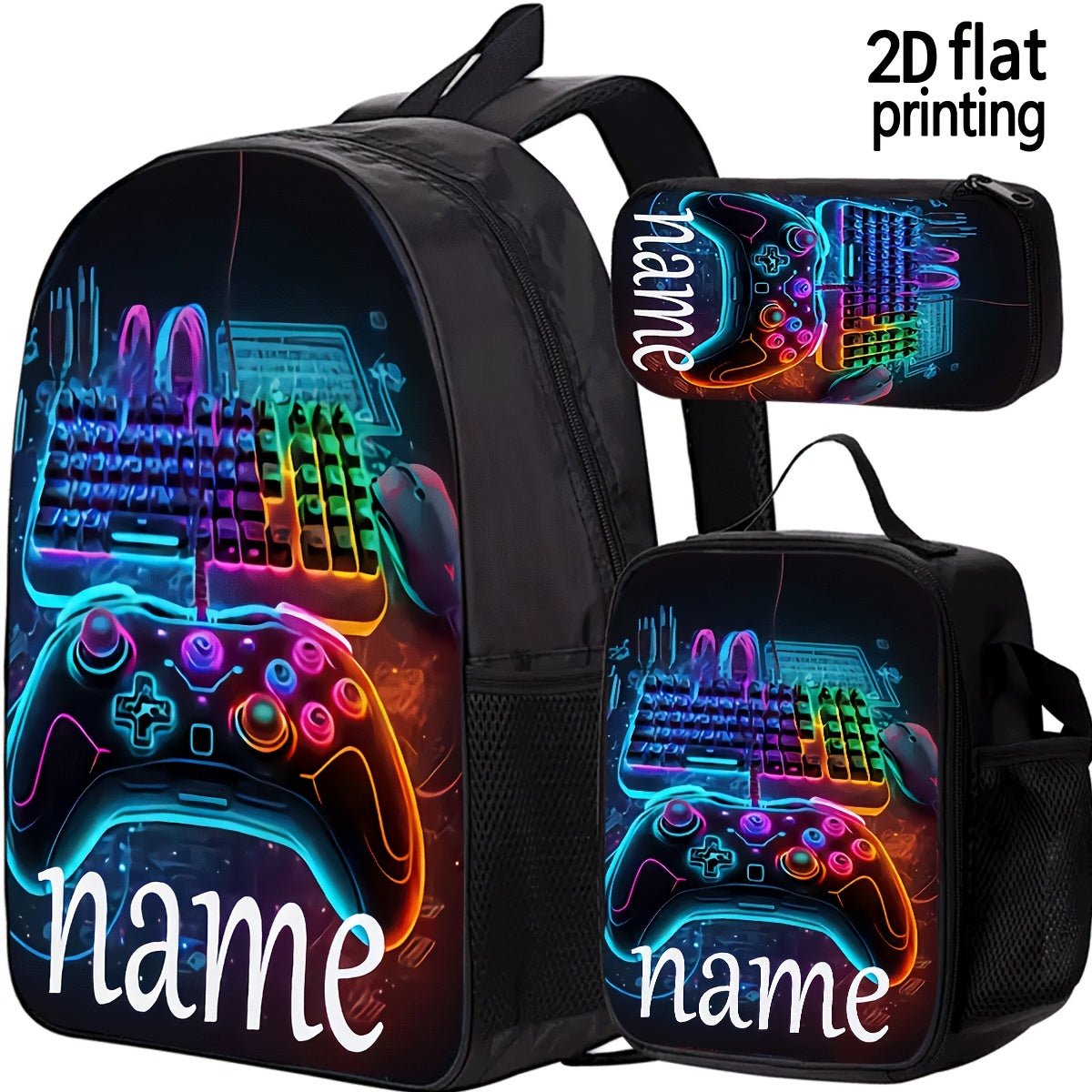 TEMU 1pc Customizable Gaming Backpack With Vibrant Neon Keyboard & Controller Design - Large Capacity Lightweight Travel & School Bag, Personalized